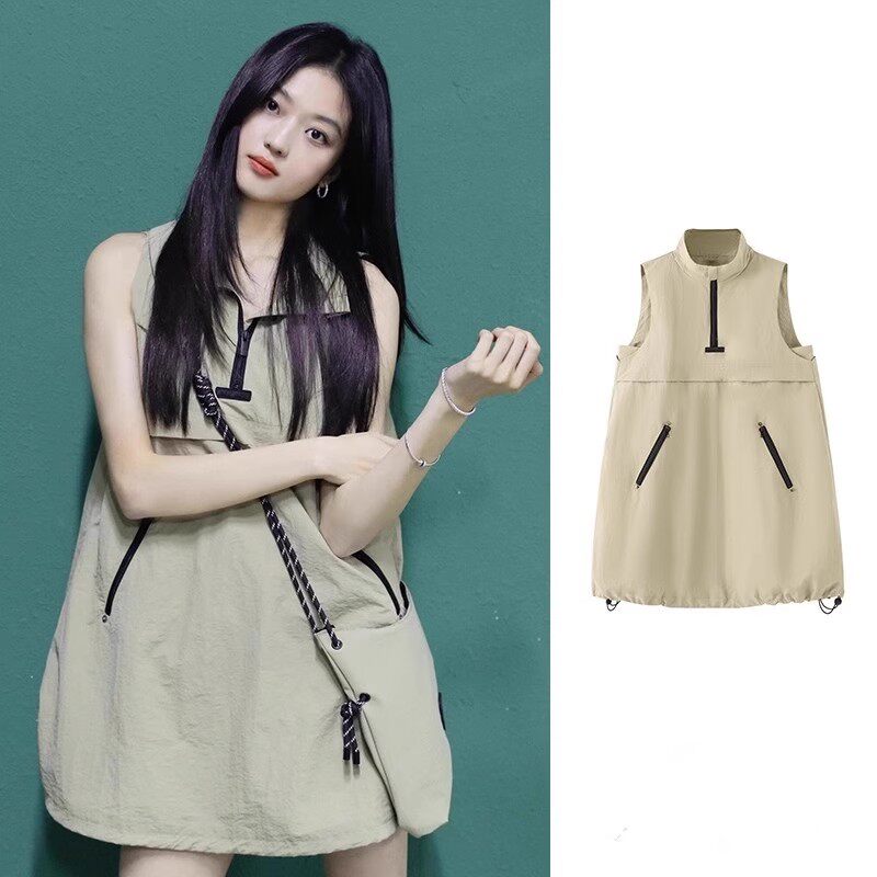 日本GP孙千同款卡其色无袖工装连衣裙女夏季宽松显瘦A字背心裙子