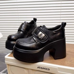 单鞋 魔术贴乐福鞋 潮 女2026款 日本offcat9cm真皮粗跟英伦风小皮鞋