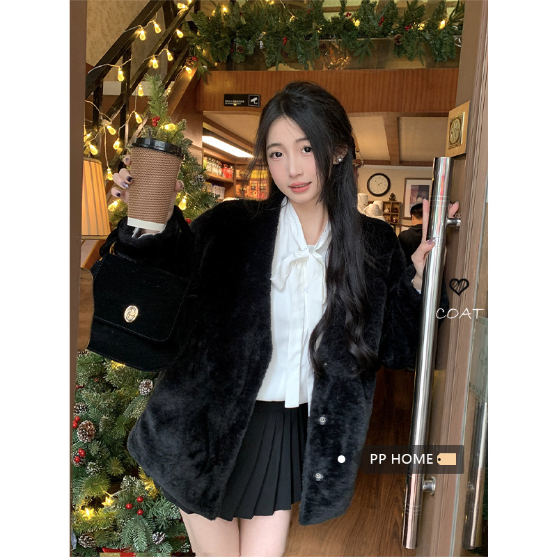 日本offcat 冬季新款獭兔毛环保皮草黑色宽松加厚毛绒大衣开衫外