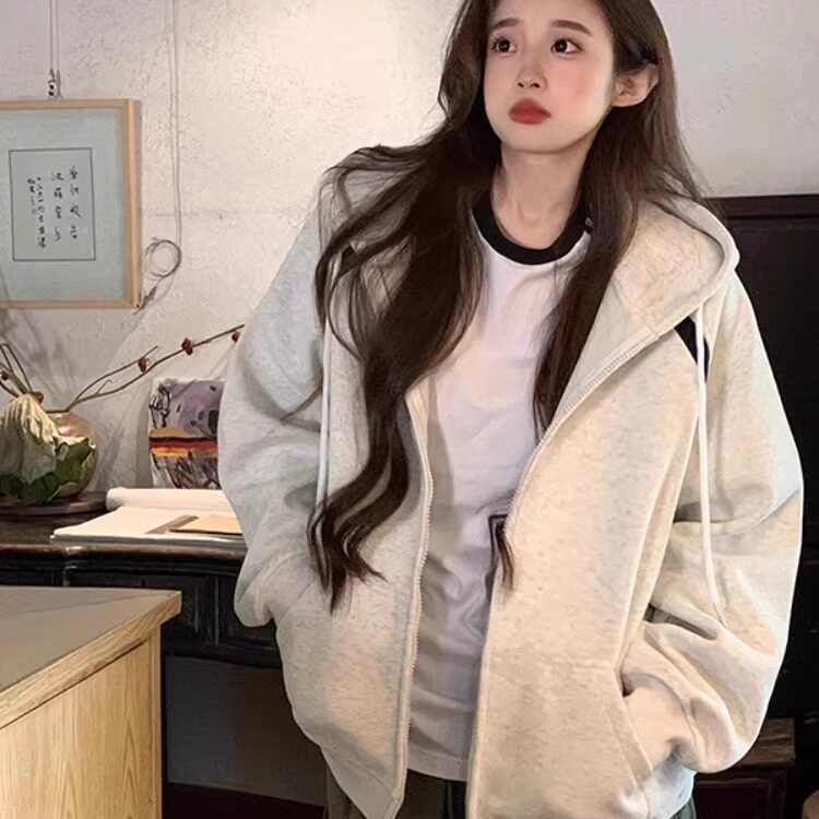 日本OFFCAT2025卫衣男女秋季灰色休闲宽松连帽卫衣外套设计感拉链