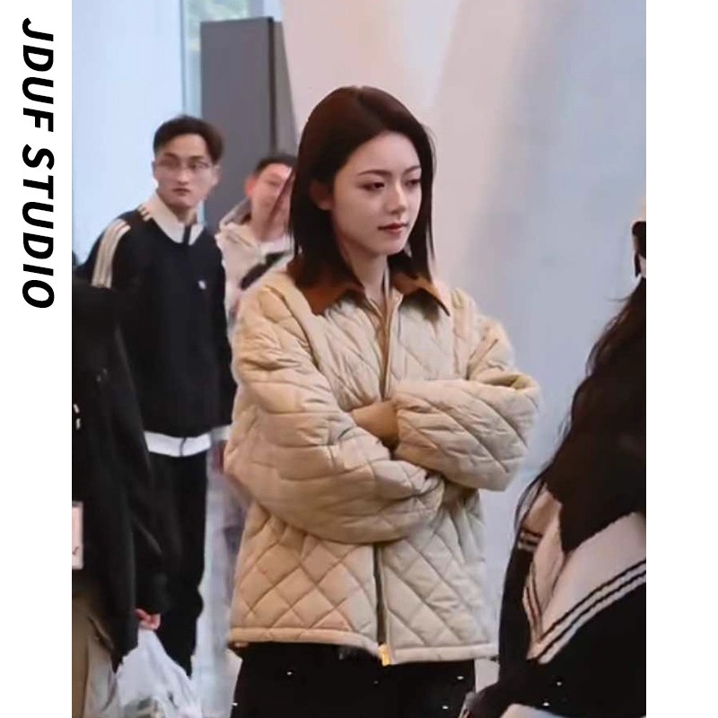 日本offcat赵今麦同款卡其色翻领菱格棉服外套冬新款宽松保暖上衣