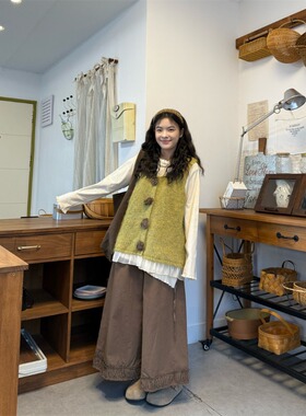 PPHOME甜美立体花朵针织马甲背心内搭打底衫女秋季阔腿裤温柔套装