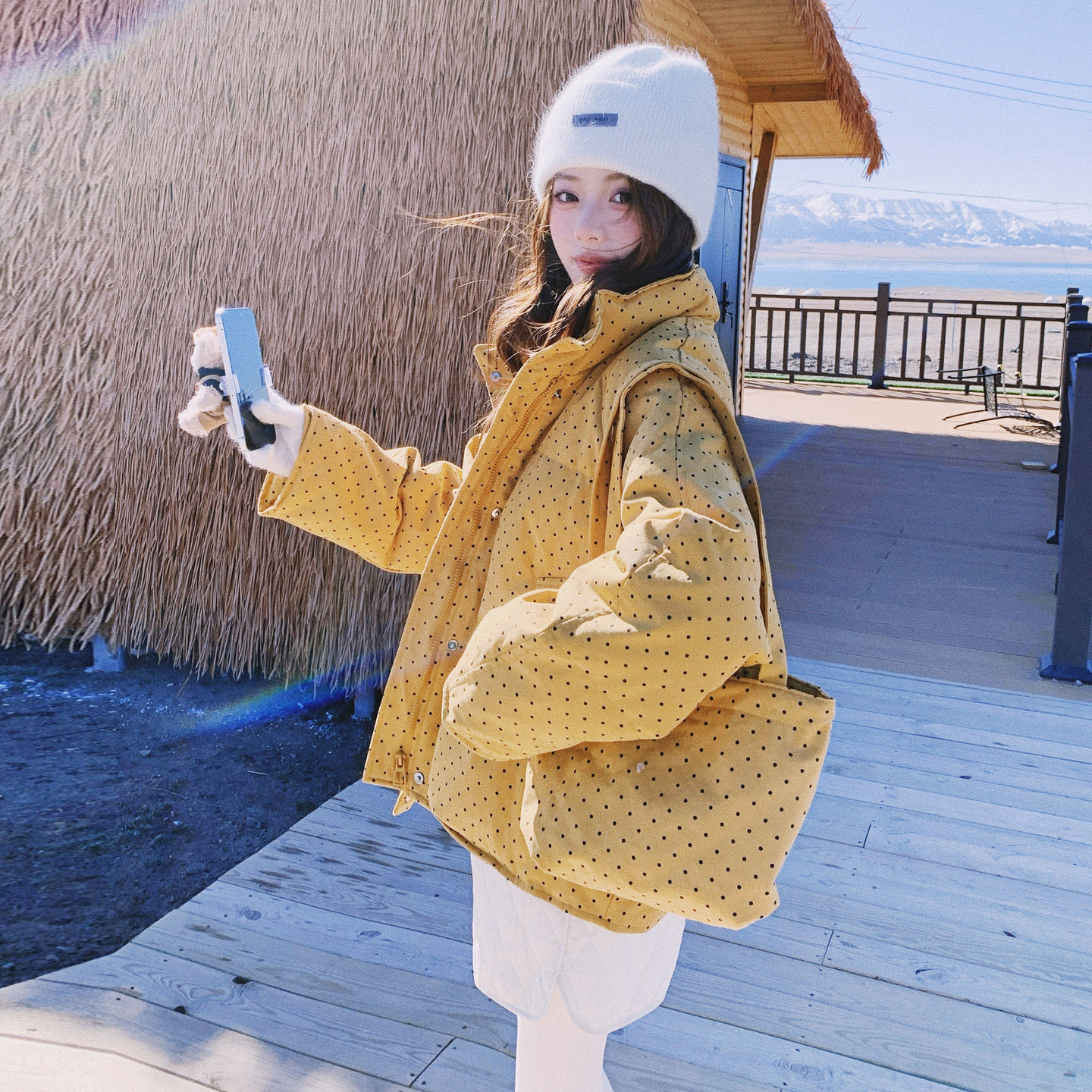 日本offcat黄色波点羽绒服女2025冬季新款巨好看的小个子短款洋气