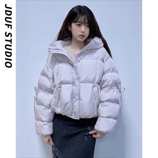 日本offcat张元英同款淡紫蝴蝶结连帽羽绒服冬新款宽松保暖面包服