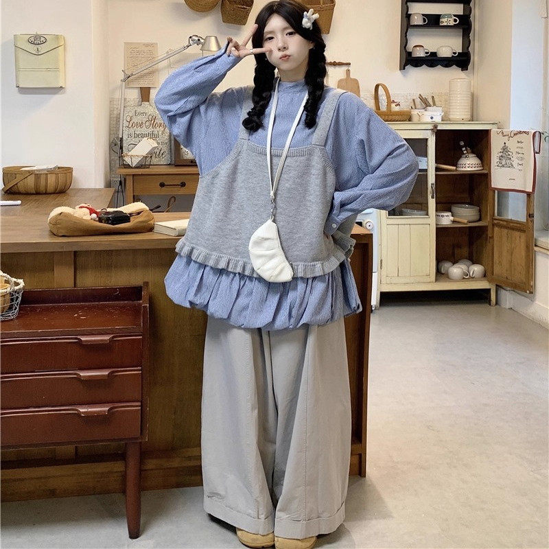 日本OFFCAT灰色荷叶边针织马甲背心叠穿衬裙女秋甜美风套装休闲裤