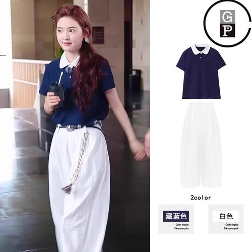 日本offcat章若楠同款藏青色翻领POLO衫短袖女百搭白色阔腿裤