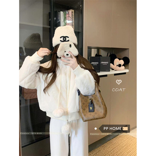 日本offcat白色毛球软糯夹棉毛毛外套女秋冬宽松百搭短款保暖棉衣