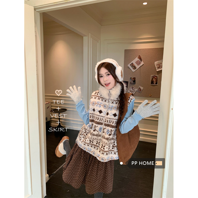 日本offcat复古费尔岛毛领马甲背心女秋冬日系羊羔毛马夹外套短款