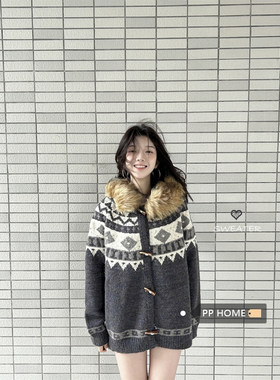 日本offcat慵懒风费尔岛大毛领毛衣外套女秋冬中长款牛角扣针织衫