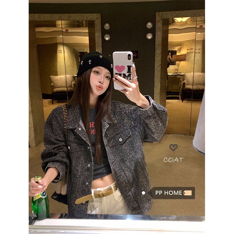 日本offcat甜酷风做旧水洗豹纹牛仔外套女秋冬美式复古宽松休闲夹