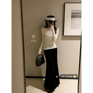 日本offcat气质套装白色蕾丝花朵拼接上衣女秋冬高腰鱼尾半身裙两