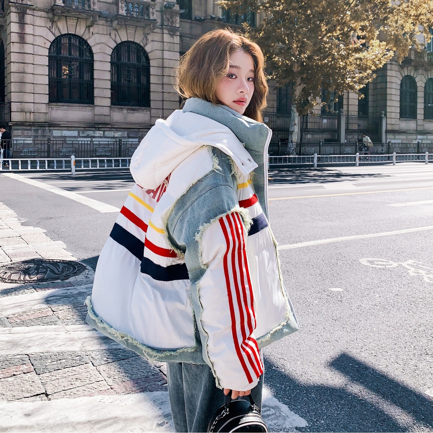 日本offcat牛仔拼接工装羽绒服女2025冬季新款小个子短款洋气连帽