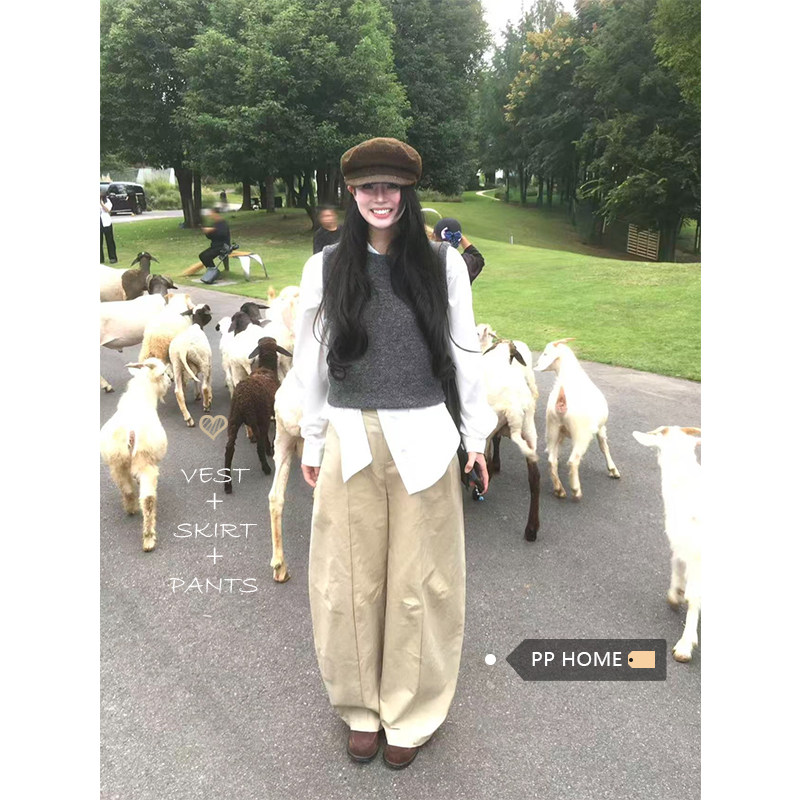 日本offcat法式复古灰色圆领针织马甲背心女秋冬白色长袖衬衫内搭