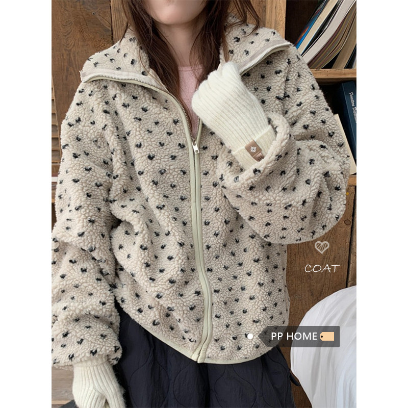 日本offcat撞色爱心提花立领短款外套女秋冬韩版拉链短款棉服毛绒