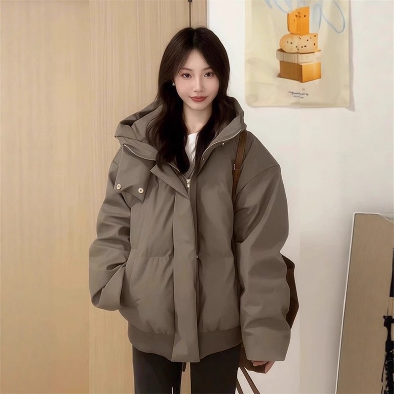 日本OFFCAT免洗PU皮羽绒服女短款2025冬新连帽加厚保暖白鸭绒外套