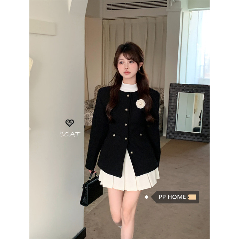 日本offcat立体花朵修身显瘦毛呢外套女秋冬黑色大衣打底衫百褶裙