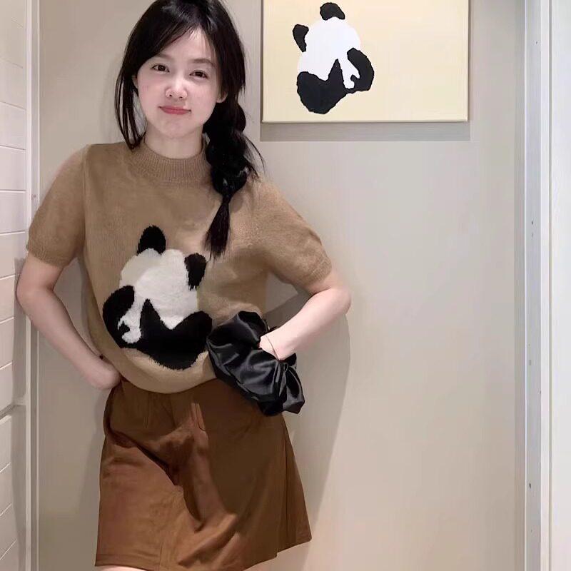 日本OFFCAT早秋穿搭套装女秋季可爱熊猫圆领毛衣复古包臀半身裙