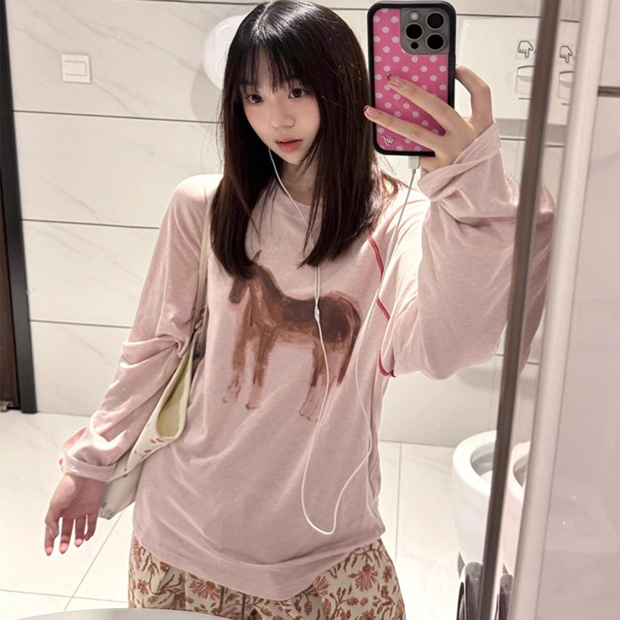 日本OFFCAT粉色手绘印花圆领长袖T恤女秋季宽松慵懒风韩系打底衫