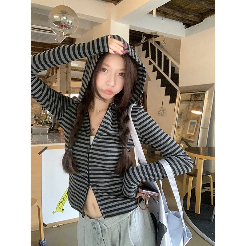 日本offcat休闲双拉链条纹连帽卫衣外套女秋冬设计感修身百搭短款