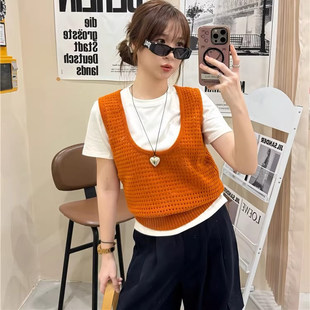 日本OFFCAT设计感镂空针织背心马甲女秋季韩系叠穿短袖T恤两件套