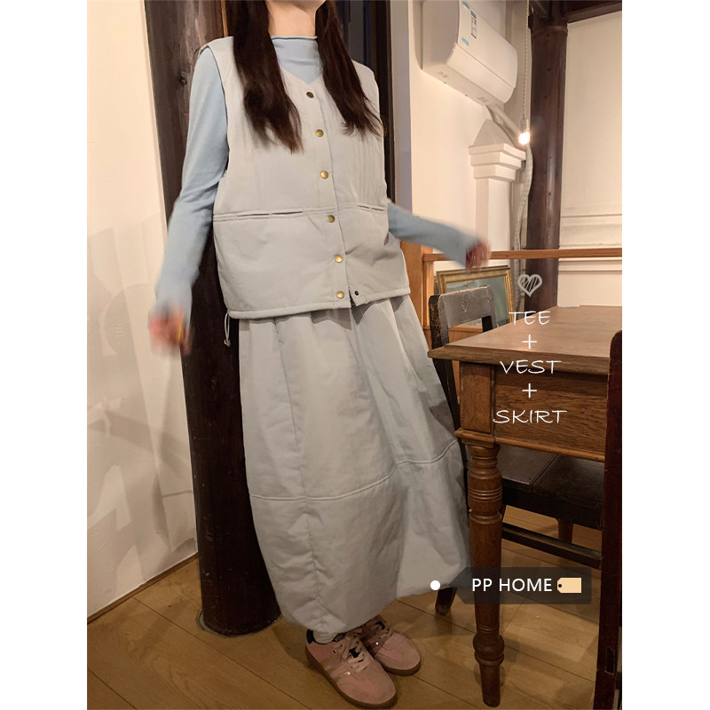 日本offcat简约叠穿保暖马甲背心女秋冬加厚夹棉外套a字半身裙两