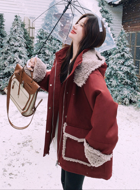 日本offcat复古红色羊羔毛拼接夹棉外套女2025冬季新款小个子中长