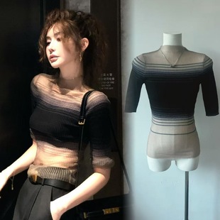 MURANDM 显瘦 李婉君复古港风透视网纱针织上衣女夏季 纯欲辣妹修身