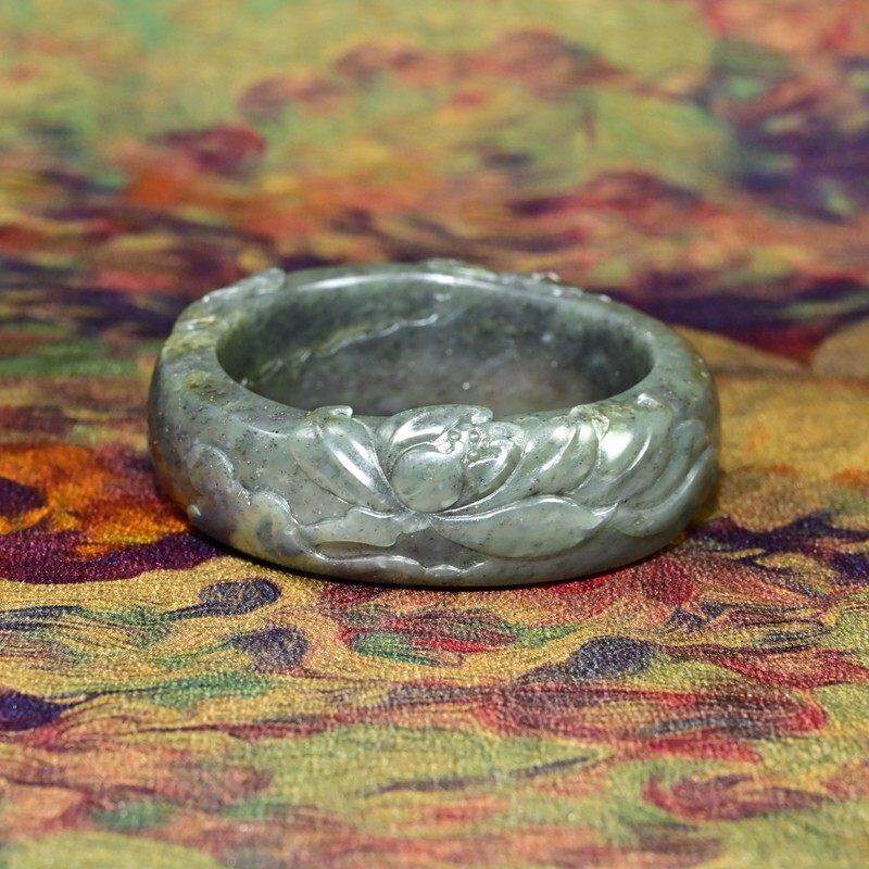 紫润轩新疆和田玉籽料雕花手镯水墨青花莲花荷花宽版50.5MM小圈口
