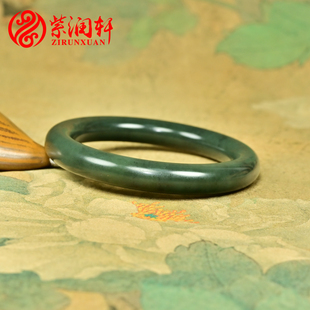 紫润轩新疆和田玉戈壁料油青手镯闪青花59MM羊脂体质圆条传家级