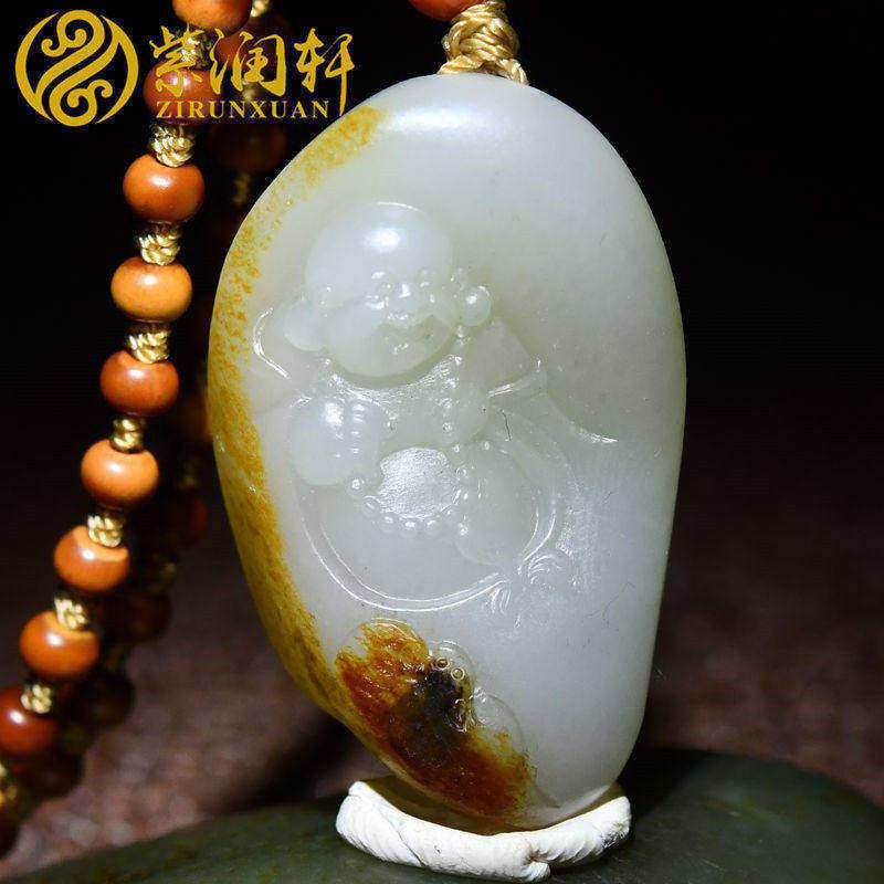 紫润轩新疆和田玉白玉籽料佛公吊坠苏工金红皮笑佛弥勒佛挂件