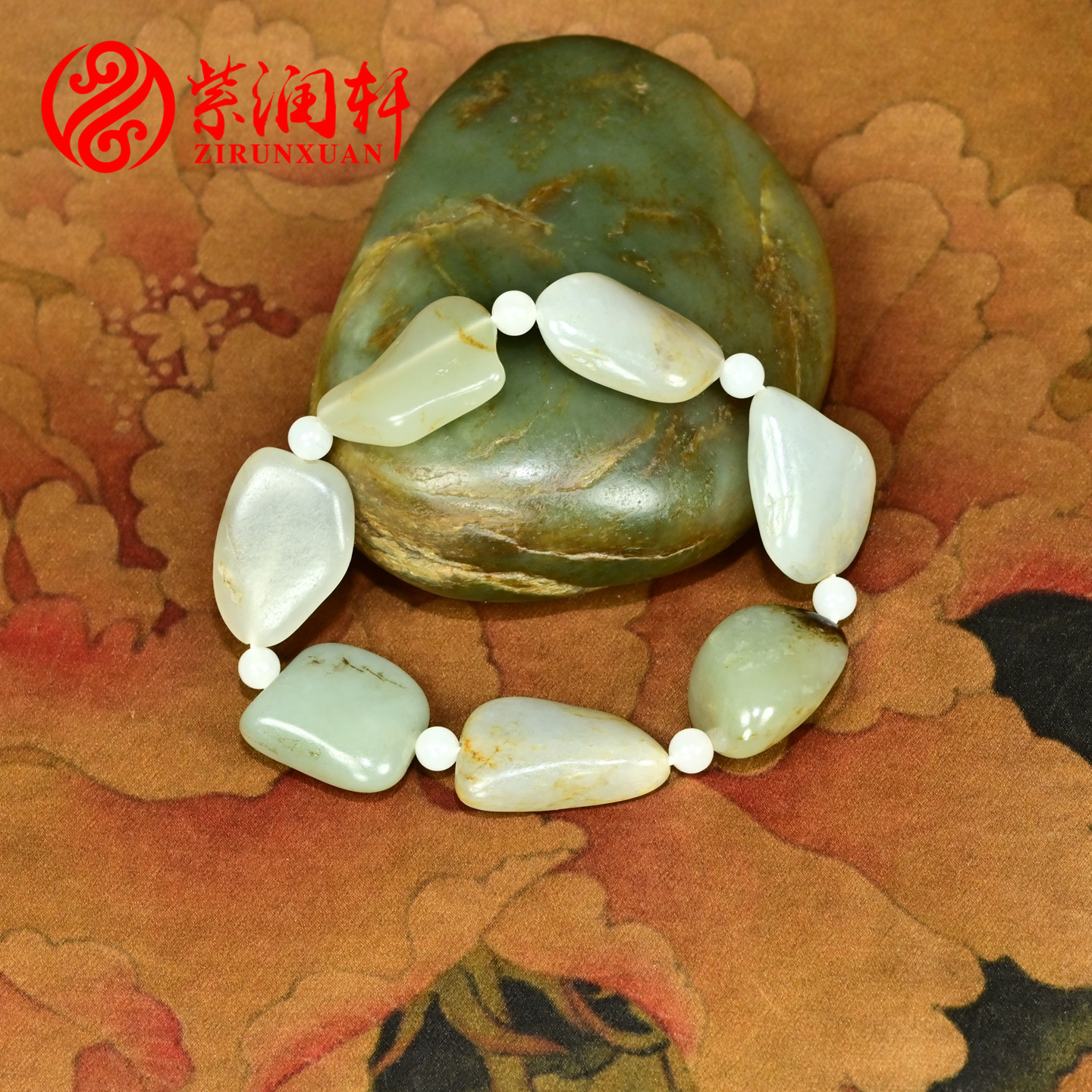 紫润轩新疆和田玉青白玉籽料手链独籽原石手串59.28g无修黑皮收藏