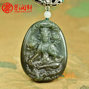 紫润轩新疆和田玉沙枣青籽料度母吊坠糖沁玉牌哑光苏工挂件传家级
