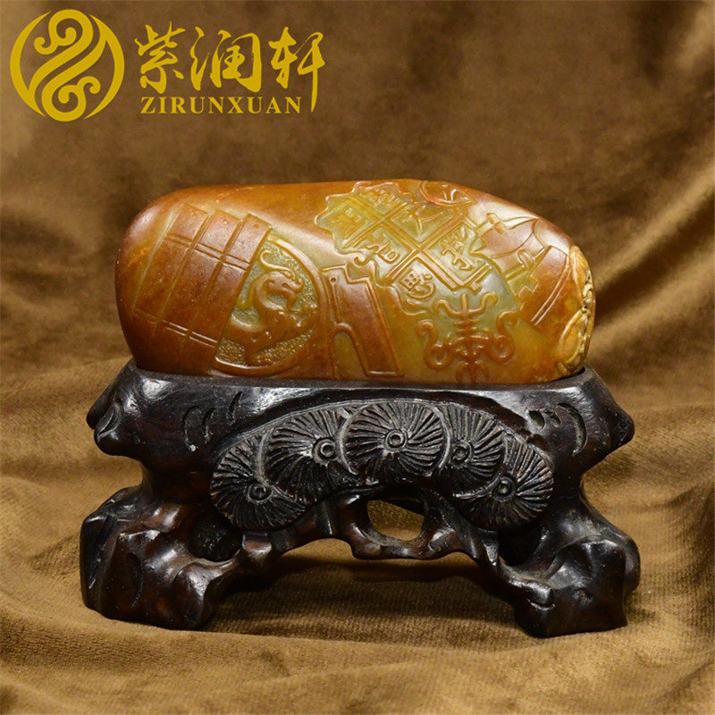 紫润轩新疆和田玉黄沁籽料锦灰堆仿古摆件苏工精雕精品玉石原皮