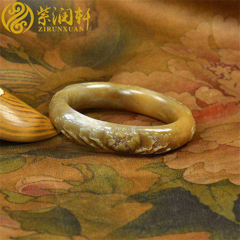 紫润轩新疆和田糖白玉手镯雕花凤穿牡丹玉镯56 7MM哑光蜜糖收藏级