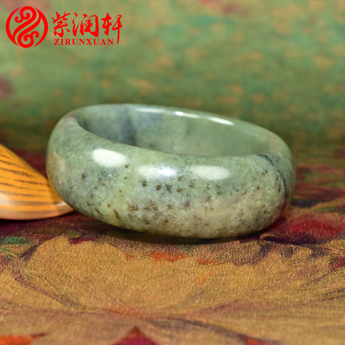 紫润轩新疆和田玉超宽版籽料手镯61MM青底糖沁青花水草花镯收藏级