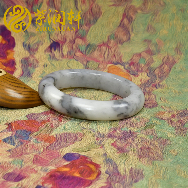 紫润轩新疆和田玉白玉籽料手镯青花福镯玉镯57MM意境水墨传家级