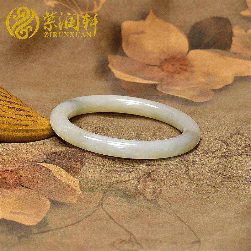 紫润轩和田玉青海料藕粉圆条手镯52 8MM老熟哑光淡粉色玉镯珍品