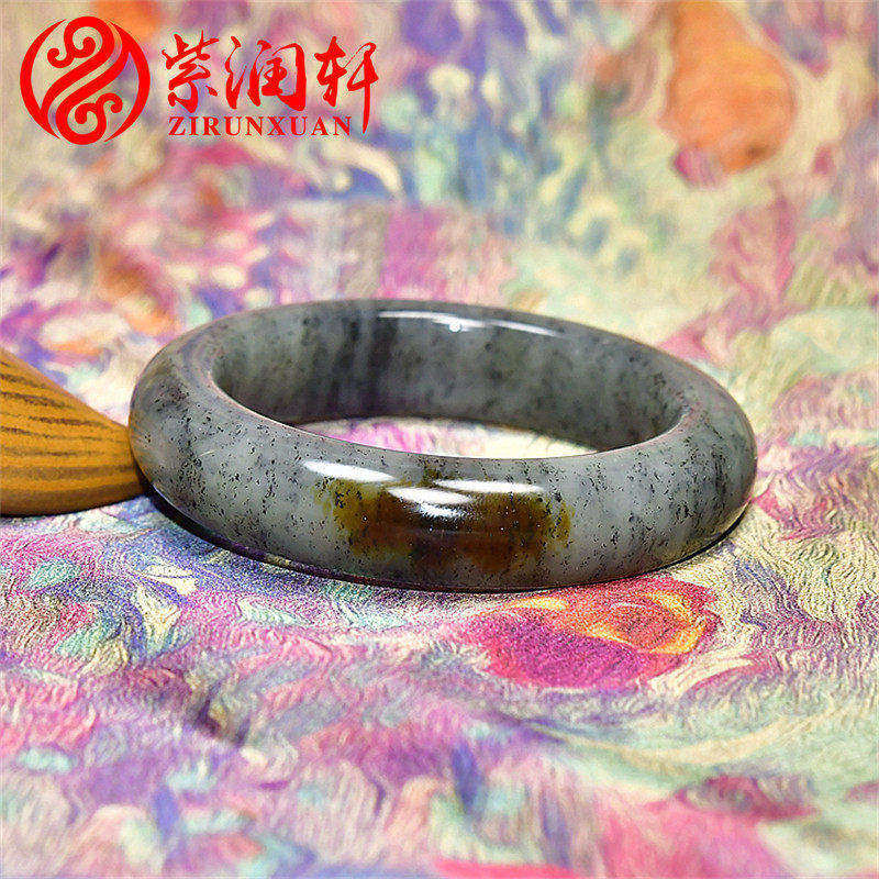 紫润轩新疆和田玉糖青花手镯肥厚款聚红糖色水墨玉镯60MM收藏级