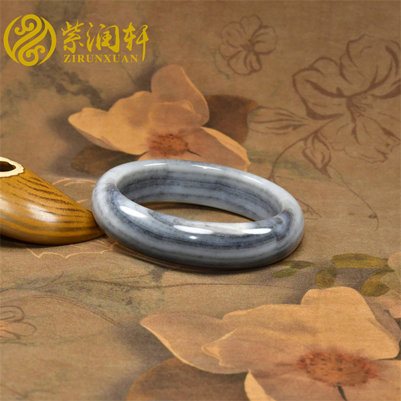 紫润轩新疆和田玉白玉水墨青花籽料手镯意境58 5MM一线天收藏级