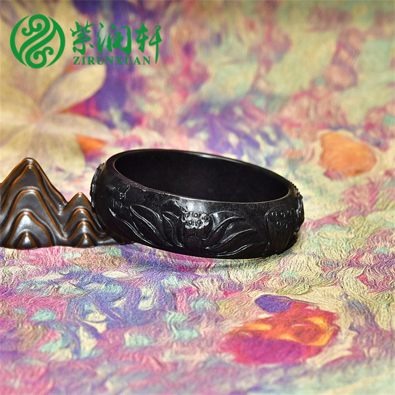 紫润轩新疆和田玉墨玉籽料手镯56 5MM黑羊脂墨连年有余莲花镯精品