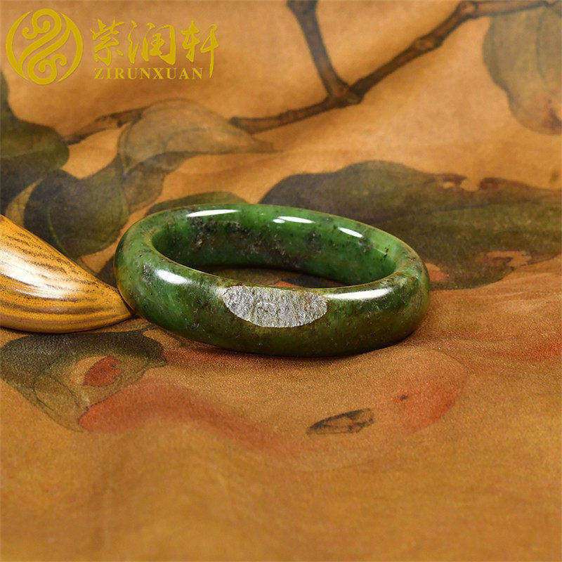 紫润轩新疆和田玉碧玉籽料手镯55MM黄皮菠菜绿玉镯宽版哑光收藏