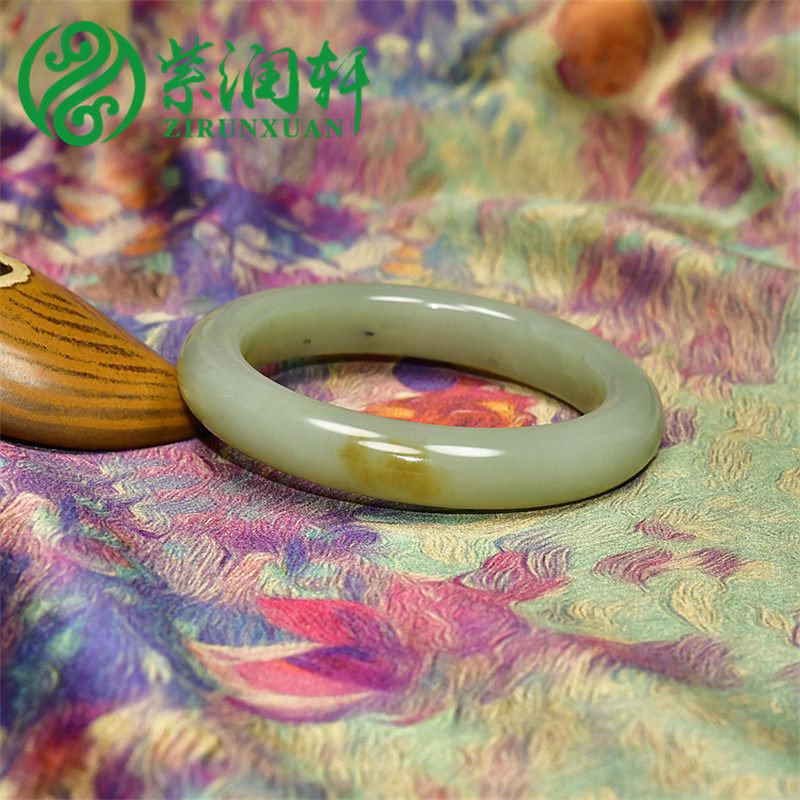 紫润轩新疆和田玉糖青白点墨青花手镯55 6MM且末料玉镯哑光女神款