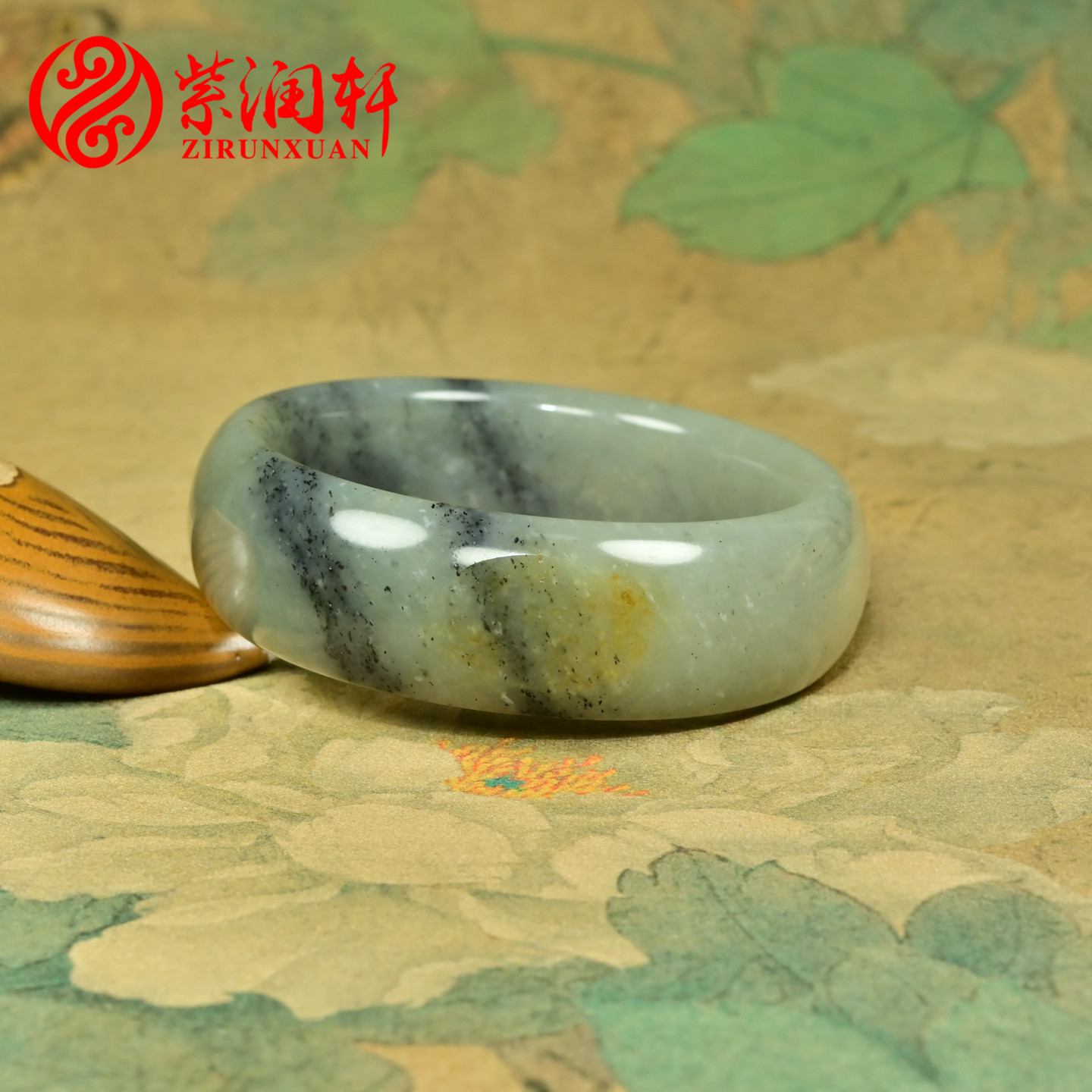 和田玉宽版籽料手镯水墨青花