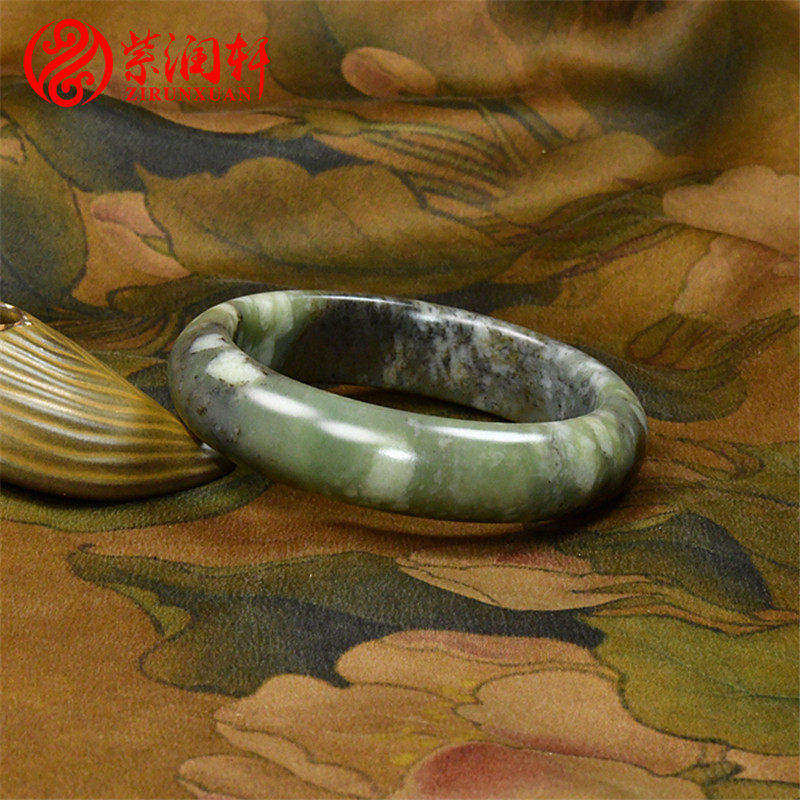 紫润轩新疆和田玉手镯翠青糖青花白沁皮山流水57 5MM哑光四色珍藏