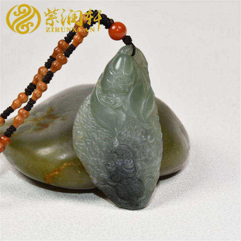 紫润轩新疆和田玉戈壁料籽料莲花吊坠苏工连年有鱼挂件油性杠杠滴