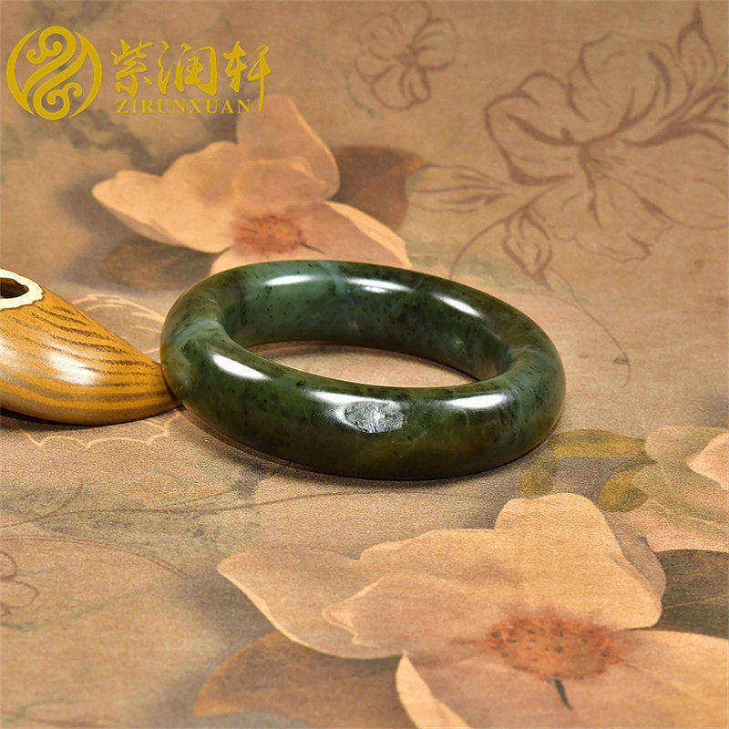 紫润轩新疆和田玉碧玉籽料手镯56 8MM飘糖菠菜绿玉镯肥厚哑光收藏