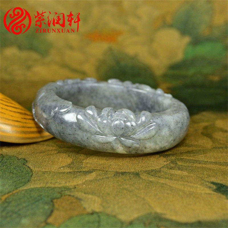 紫润轩新疆和田玉青花籽料手镯苏工莲花57 5MM荷花一品清莲收藏级