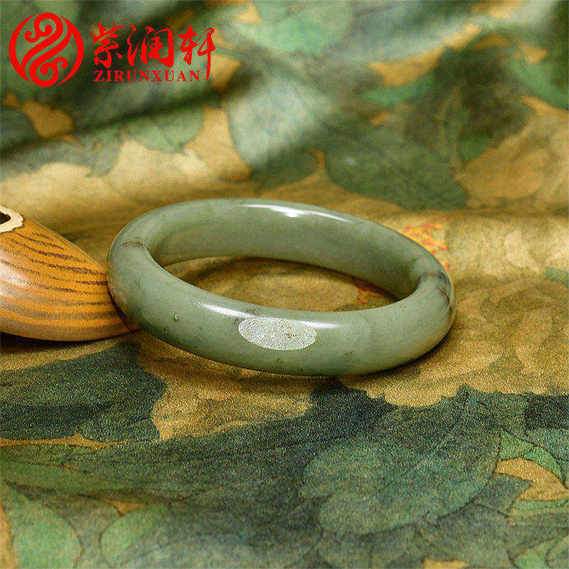 紫润轩新疆和田玉籽料手镯青白翠青飘沁花玉镯58MM油糯亚光女神