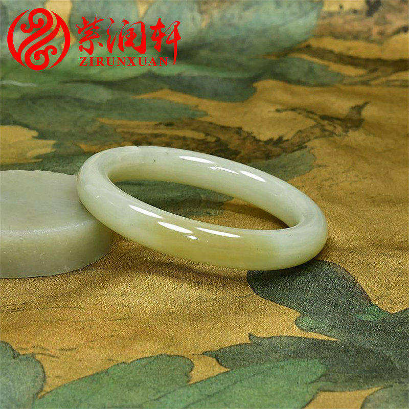 已结缘新疆和田玉手镯糖青白玉俏色中条亚光56 7MM玉镯珠宝玉石
