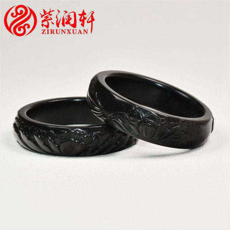 紫润轩新疆和田玉墨玉手镯籽料留皮肥厚圆条玉镯真墨玉收藏级珍品